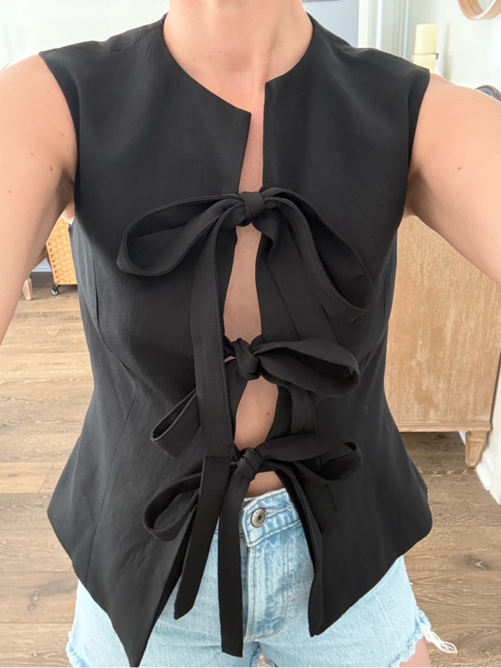 Black Sleeveless Tie-Front Top